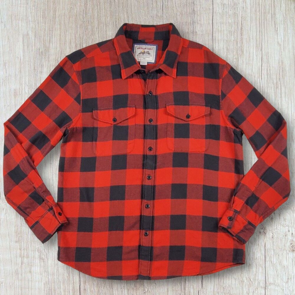 American Eagle Men's Long Sleeve Flannel Shirt Size L Plaid Red Cotton Est. 1977